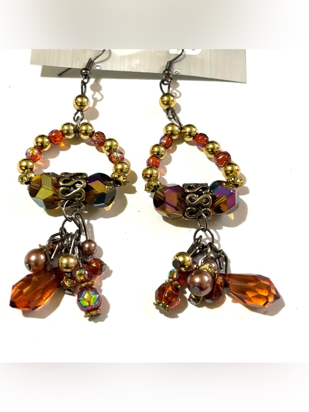 Boho Amber Beaded Hoop Dangle Earrings - Gold Accent